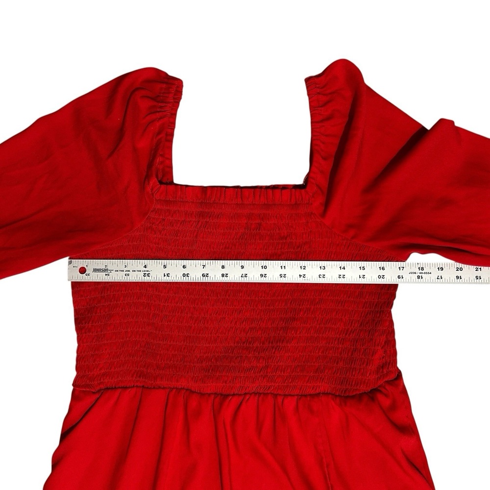 LA LIGNE Red Midi Dress sz L Smocked Bodice Balloon Sleeve Minimalist Workwear - Picture 3 of 12